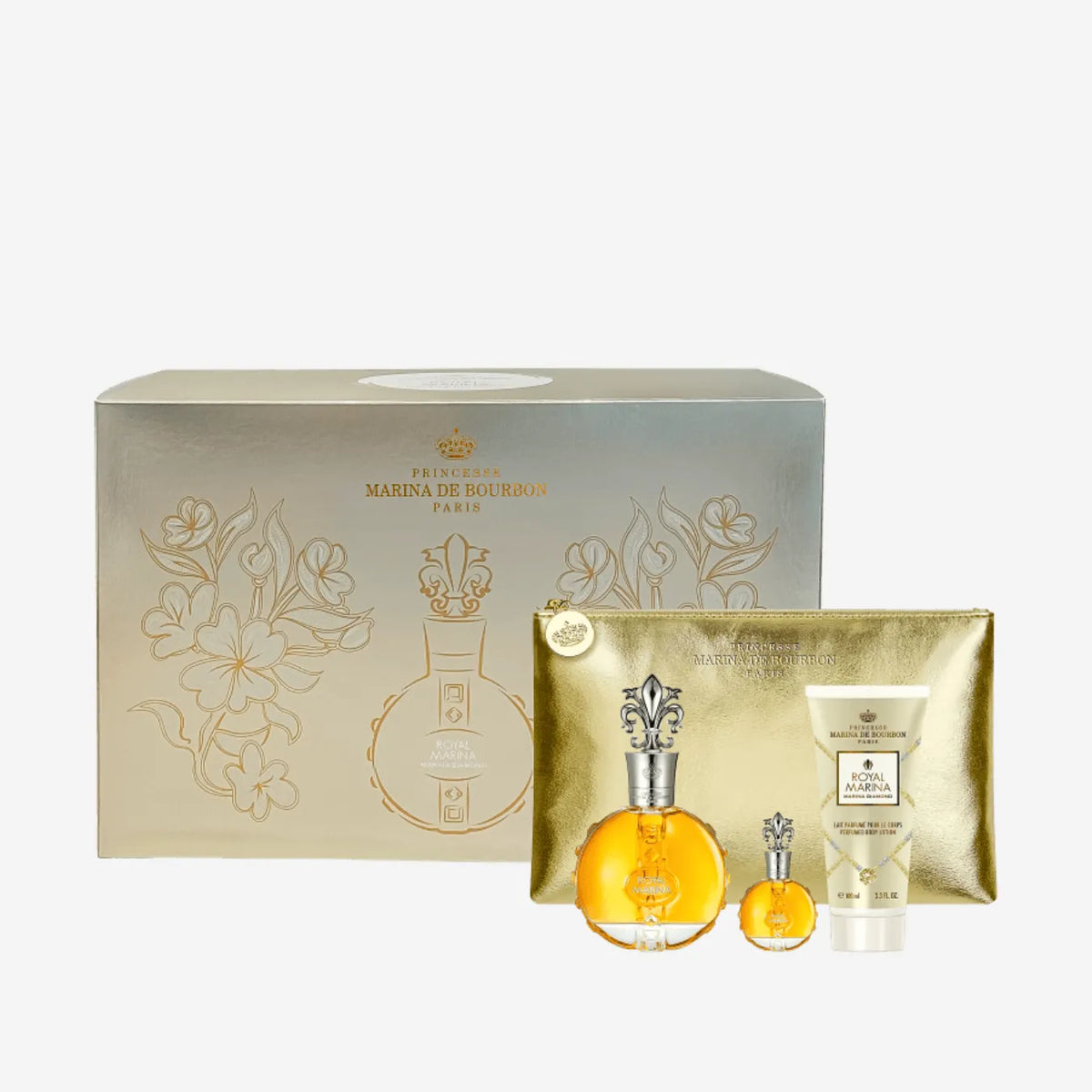 Kit Royal Diamond Marina de Bourbon Eau de Parfum 100ml + Perfume Miniatura 7,5ml + Body Lotion 100ml + Necessaire