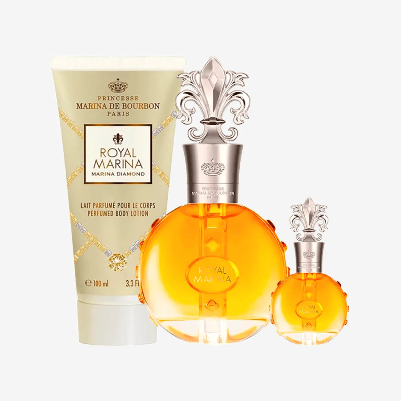 Kit Royal Diamond Marina de Bourbon Eau de Parfum 100ml + Perfume Miniatura 7,5ml + Body Lotion 100ml + Necessaire